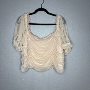 H&M champagne Sheer Ruched Puff-Sleeve Crop Top- XXL